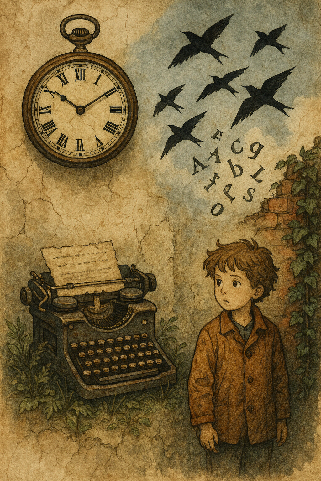 NoxPictura visual word puzzle example featuring vintage typewriter, flying letters, and artistic mystery elements for players to solve